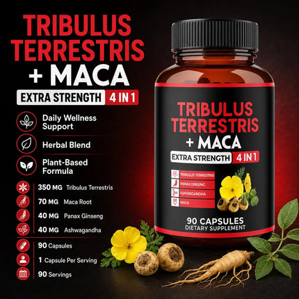 Premium Tribulus Terrestris Capsules - Combined with Ashwagandha, Panax Ginseng & Maca Boost Energy - 90 Counts for 3 Months
