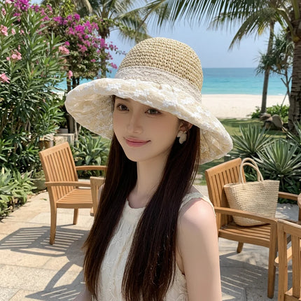 2026 New French Style Feminine Lace Straw Bucket Hat Summer Women Outings Sun Protection Hat Beach Vacations Seaside Hats