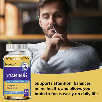 Vitamin K2 Capsules with MK-4 & MK-7, Bone Teeth Joint, Cardiovascular & Calcium Metabolism Support, Anti-Aging, Vegetarian