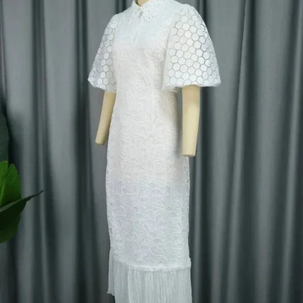 White Lace Dresses for Women Wedding Guests Elegant Turn Down Collar Puff Sleeves Pleated Hem Midi Dress Luxury Occasion Clothes