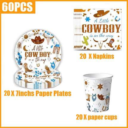 A Little Cowboy Baby Shower Decor Set, My First Rodeo Western Themed Disposable Tableware Kit for Boys 1st Birthday Party