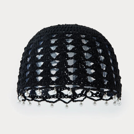 Korean Style Handmade Crochet Hat Women Summer Hollow Pearl Knitted Hat Fashion Mesh Hat Pullover Hat Cute And Sweet Beanie Hat