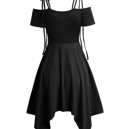 Women Black Dresses Cold Shoulder Lace Up Asymmetric Dress Tie Knot Shoulder Chain Solid Color Short Sleeve Dress
