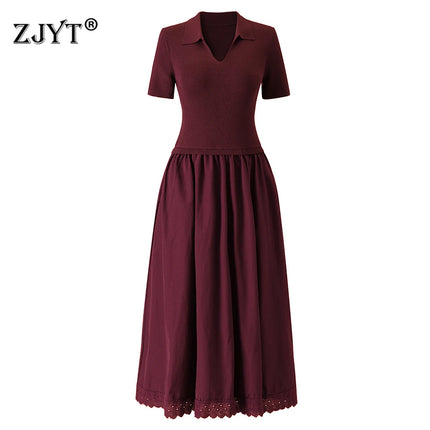 ZJYT Fashion Women's Knitted Patchwork Summer Dresses 2026 New Short Sleeve V Neck Casual Mid Calf Dress Female Vestidos Clothes