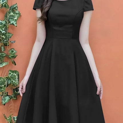 ZANZEA 2025 Summer Sundress Women O-Neck Waisted Dresses Elegant Short Sleeve Pleated Work Vestidos Solid Party Knee-Length Robe