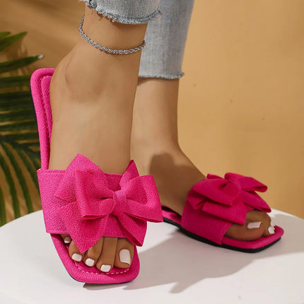 Summer New Women's Bow Slippers Comfortable Casual Outdoor Non Slip Wear Flat Sandals Square Toed  Beach Shoes