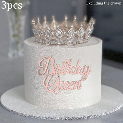 3pcs Birthday Princess Queen Acrylic Cake Topper Gold Silver Mirror Cake Insert Happy Birthday Cake Decoration for Women