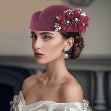 Vintage British Style Felt Turban Hat for Women, Floral Church Derby Headscarf & Soft Beret Headpiece
