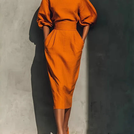 Elegant Women O-neck Lantern Sleeve Pocket Midi Dress Spring Summer Fashion Solid High Waist Pleated Wrap Hip Holiday Dresses