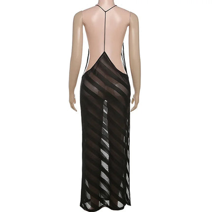 Mesh See Through Sexy Halter Party Club Maxi Split Dress Outfits Women Summer Sleeveless Backless Bodycon Long Dresses Vestido