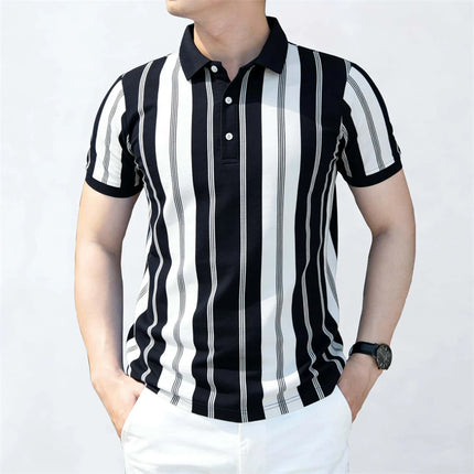 Men's Casual Color-blocked Striped Polo Shirt Business Casual 2026 Summer Stripe Print Polo Classic Style Outdoor Breathable