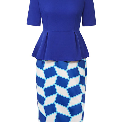 Womens Geometry Print Crew Neck Peplum Work Office Knee Length Colorblock Business Casual Party Pencil Bodycon Sheath Dress