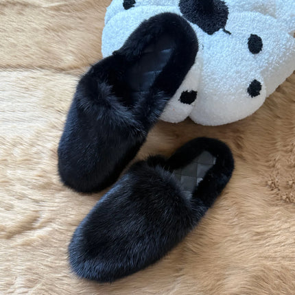Real Mink Fur Home Slippers For Women Leather Insole Flat Plush Warm Shoes Woman Winter Comfort Non Slip Outdoor Indoor Slippers