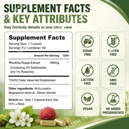 Rhodiola Rosea Capsules for Stress Support, Mental Clarity and Focus, Natural Energy Boost, Immune Function Support 60 Capsules