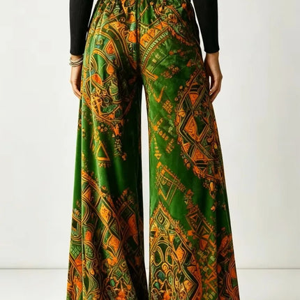 New style women's velvet wide-leg pants - high-waist, full-length, thick, soft, elastic, warm, anti-shrinkage. Green retro ethnic geometric print. Bohemian-style pocket design. Palace-style long pants suitable for festival pa