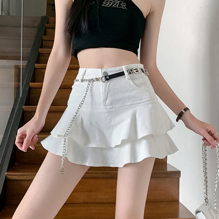 Vintage Woman Denim Shorts Skirts Summer 2023 Streetwear All Match Washed Kawaii Ball Gown Ruffles Mini Jeans Saias Femme