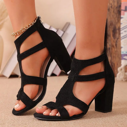 Round Toe Open Toe Suede Zipper Non-Slip High Heel Shoes for Women Summer New Roman Sandals