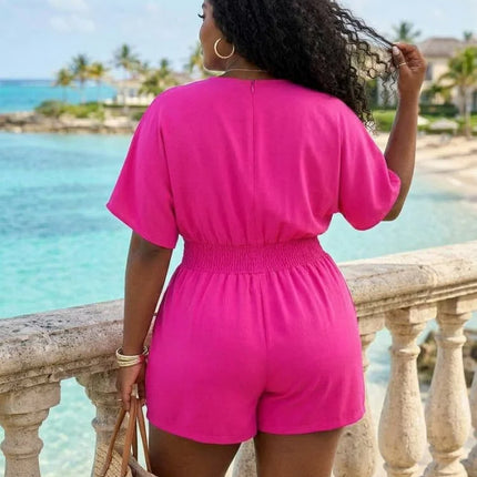 Plus Size V Neck Short Sleeve Jumpsuit For Women Elastic Waist Daily Holiday Street Going Out Casual Romper