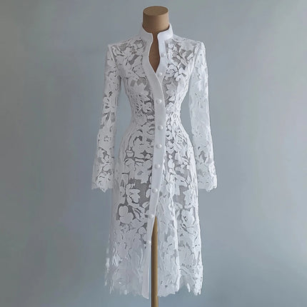 Women's Floral Lace Hollow Out Elegant Dress Solid Single-breasted Stand Collar Sweet Long Sleeve Cardigan Outwear Midi Dresses