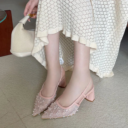 2026 New Fashion String Bead Women Square Heels Sandals Pointed Toe Pumps Slip On Dress Ladies High Heels Sandals Mules Shoes