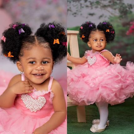 Pink Pearls Flower Girls Dresses Princess Ruffles Tulle Kids Birthday Party Dress for Wedding Baby Prom Gowns for Photoshoot