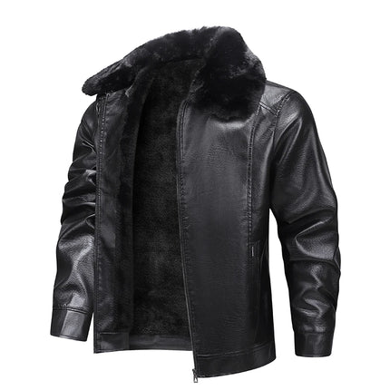 Fur Collar Men Faux Leather Jacket Winter Fleece Lined Biker Jackets Fashion Motorcycle Leather Coat Outwear Casual Streetwear