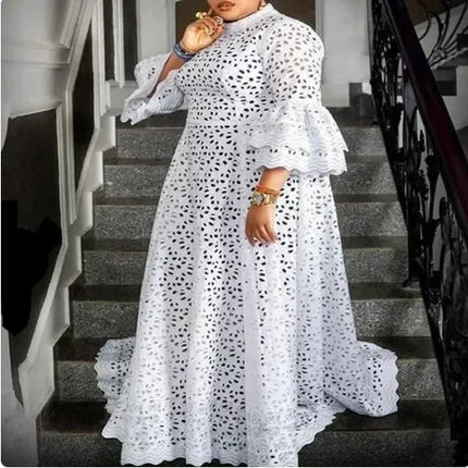 White Lace Dresses for Women Wedding Guests Elegant Turn Down Collar Puff Sleeves Pleated Hem Midi Dress Luxury Occasion Clothes