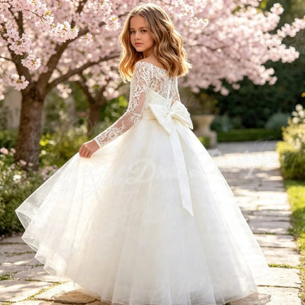 White Full Lace Long Sleeve Tulle Flower Girl Dress Back Bow Floor Length Kids First Holy Communion Wedding Birthday Custom Gown