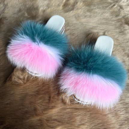 Fluffy Furry Fox Fur Slippers for Women Studded High Heels Winter Warm Plush Home Slippers Woman Outdoor Platform Shoes Slides