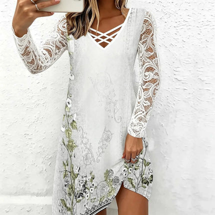Fashion Casual Female V‑neck Long Sleeve Slim Dress Retro Elegance Dress Autumn Winter Vacation Party Knee‑length Skirt