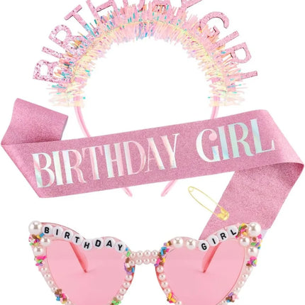 Birthday Girl Sash Glitter Headband Tiara Crown Sunglasses Pink Happy Birthday Decorations Party Favors Accessories