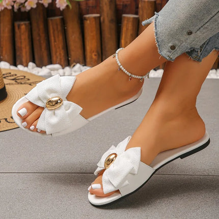 Women Summer Hot Selling Round Toe Comfortable Flat Slippers Fashionable Style Anti Slip Female Shoes Bow Decor Casual Sandals