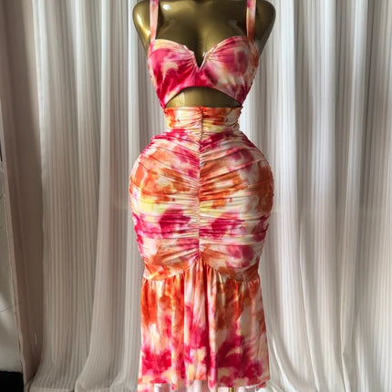 CM.YAYA 2026 Women's Tropical Floral Print Cutout Ruched Ruffle Midi Dress Summer Elegant Birthday Party Club Cocktail Dresses