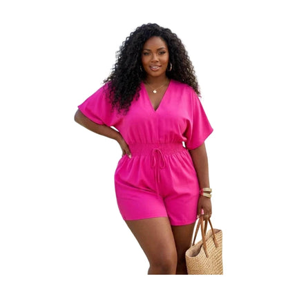 Plus Size V Neck Short Sleeve Jumpsuit For Women Elastic Waist Daily Holiday Street Going Out Casual Romper