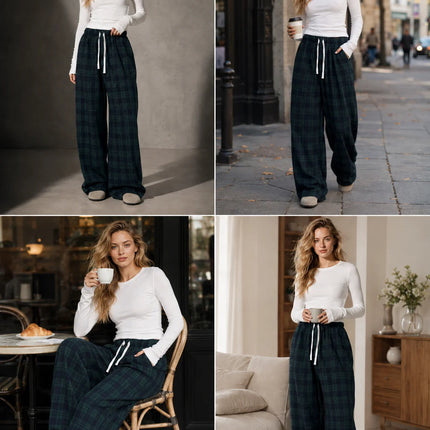Women Plaid Wide Leg Pants, Elastic Waist Drawstring Loose Baggy Trousers Casual Comfy Lounge Pants for Daily Streetwear
