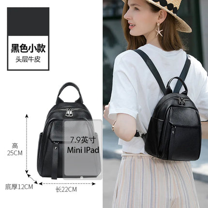 Women Black Genuine Cowhide Leather Backpack Anti Theft Hidden Zipper Casual Shoulder Bag with Front Pocket for Daily