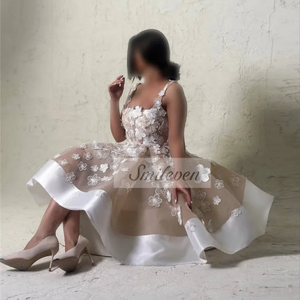 Smileven 3D Lace Flowers Wedding Dresses Champlgne Spaghetti Strao Bride Dresses Kenn Length Vestido de novia 2026 Customized