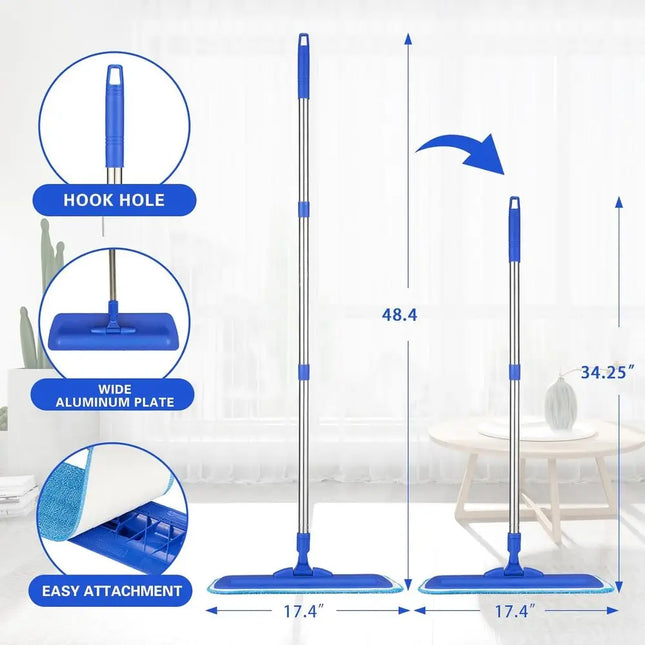 17.5 Microfiber Floor Cleaning Mop with Stainless Steel Handle, 2 Washable Pads for Wet and Dust Mopping on Hardwood, Vinyl, Lam