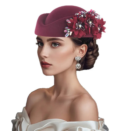 Vintage British Style Felt Turban Hat for Women, Floral Church Derby Headscarf & Soft Beret Headpiece