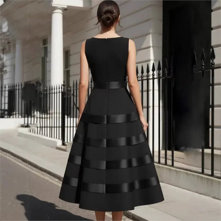 New Fashion Black Party Dress Spring Summer Women's Sleeveless O-neck Patch Designs Elegant Prom Maxi Dresses For Women Vestidos