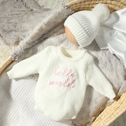 Ylsteed Hello World Knitting Newborn Photography Romper with Matching Pomp Hat Baby Boy Girl Sweater Outfits Photo Shooting-HD