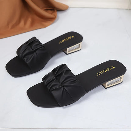 Hot Sale Ruched Strap Slide Sandals Women Rhinestone Inlay Low Block Heel Square Open Toe Casual Beach Vacation Mules 6 Colors