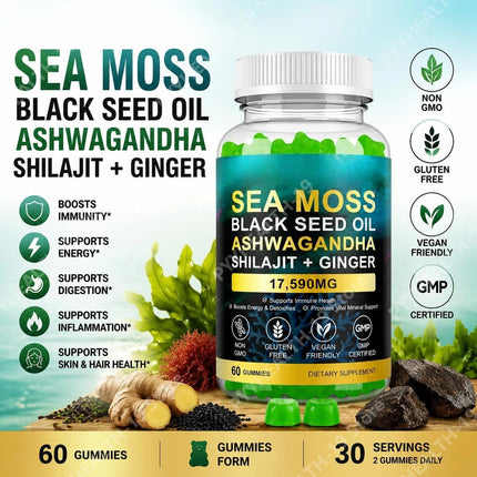 Sea Moss Black Seed Oil Ashwagandha Shilajit Gummies For Energy Boost & Immunity Digestion Stress Support, Adult, 60 Gummies