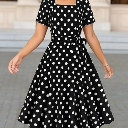 Woman Summer Elegant Midi Dress Fashion Polka Dot Print Short Sleeves High Waist Dresses Ladies Beautiful Square Collar Vestidos