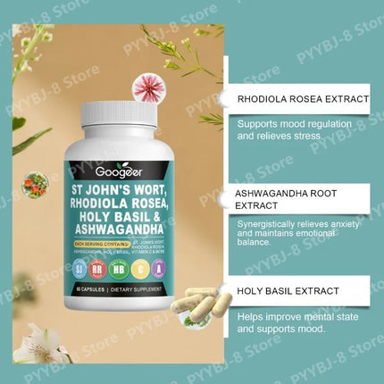 Googeer Rhodiola Rosea Capsule with St John's Wort  Ashwagandha and Holy Basil Extracts Mood Support for Women and Men 60 Caps