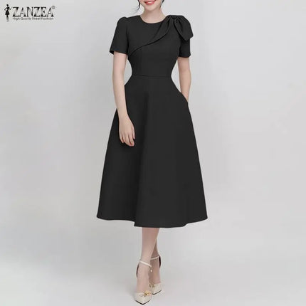 ZANZEA Women's Elegant Fit and Flare Party Dresses Bow Detail O-Neck Short Sleeve Wedding Guest A-Line Midi Dress Woman Clothes