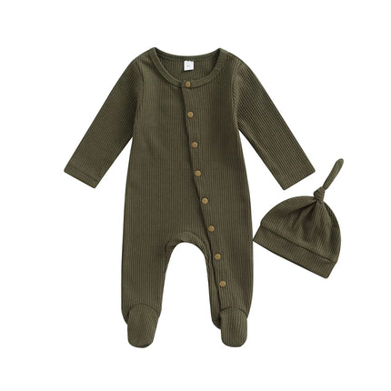 Baby Boys s Girl s Romper Set Round Neck Long Sleeve Button-Down Ribbed Feet Wrap Jumpsuit Hat