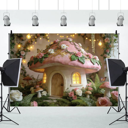 Pink Mushroom House Backdrop Enchanted Fairy Forest Floral Photography Background for Girls Birthday Baby Shower Party Decor