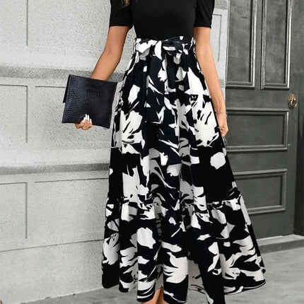 Elegant Floral Print Round Neck Long Dresses Women Short Sleeve High Waist Lace-up Office Lady Holiday Party Dresses Vestidos