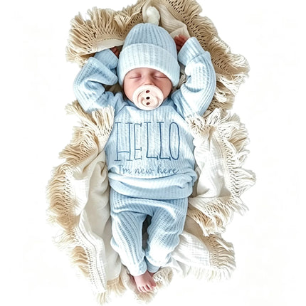 Newborn Baby 3Pcs Outfit Set ‘Hello World" Embroidery Waffle Knit Long Sleeve Top Pants Hat Infant Coming Home Clothes 0-3M